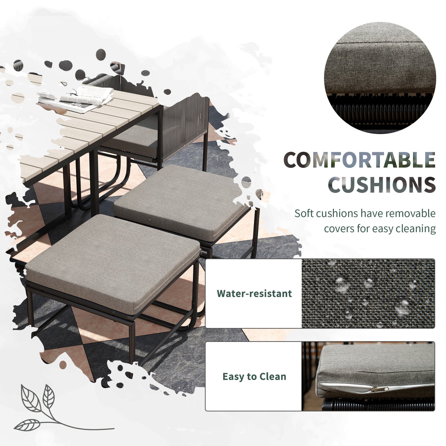Outsunny Rattan Cube Garden Dining Set, 10 Seater with Cushions, 6 Armchairs, 4 Stools, Rectangular Table, Wood Grain Top, Grey
