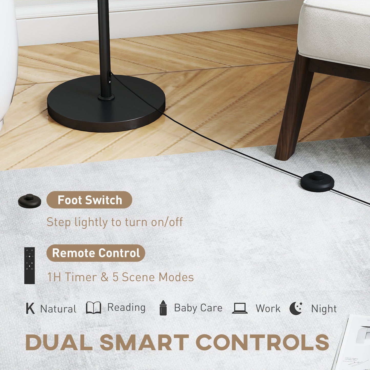 HOMCOM Floor Lamp, Height Adjustable with Linen Shade, Dimmable 3000K-6000K, Remote & Foot Switch for Living Room/Bedroom/Office, Black