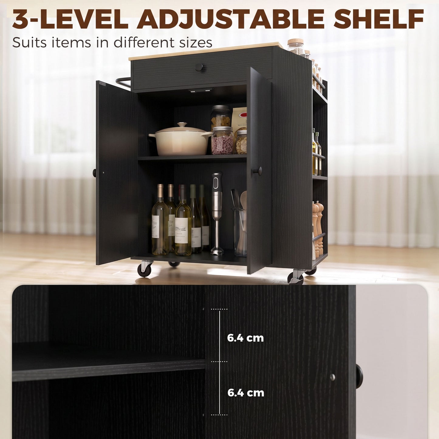 HOMCOM Rolling Kitchen Island with 3-Tier Spice Rack, Kitchen Storage Cart with Drawer and Towel Rack, Black