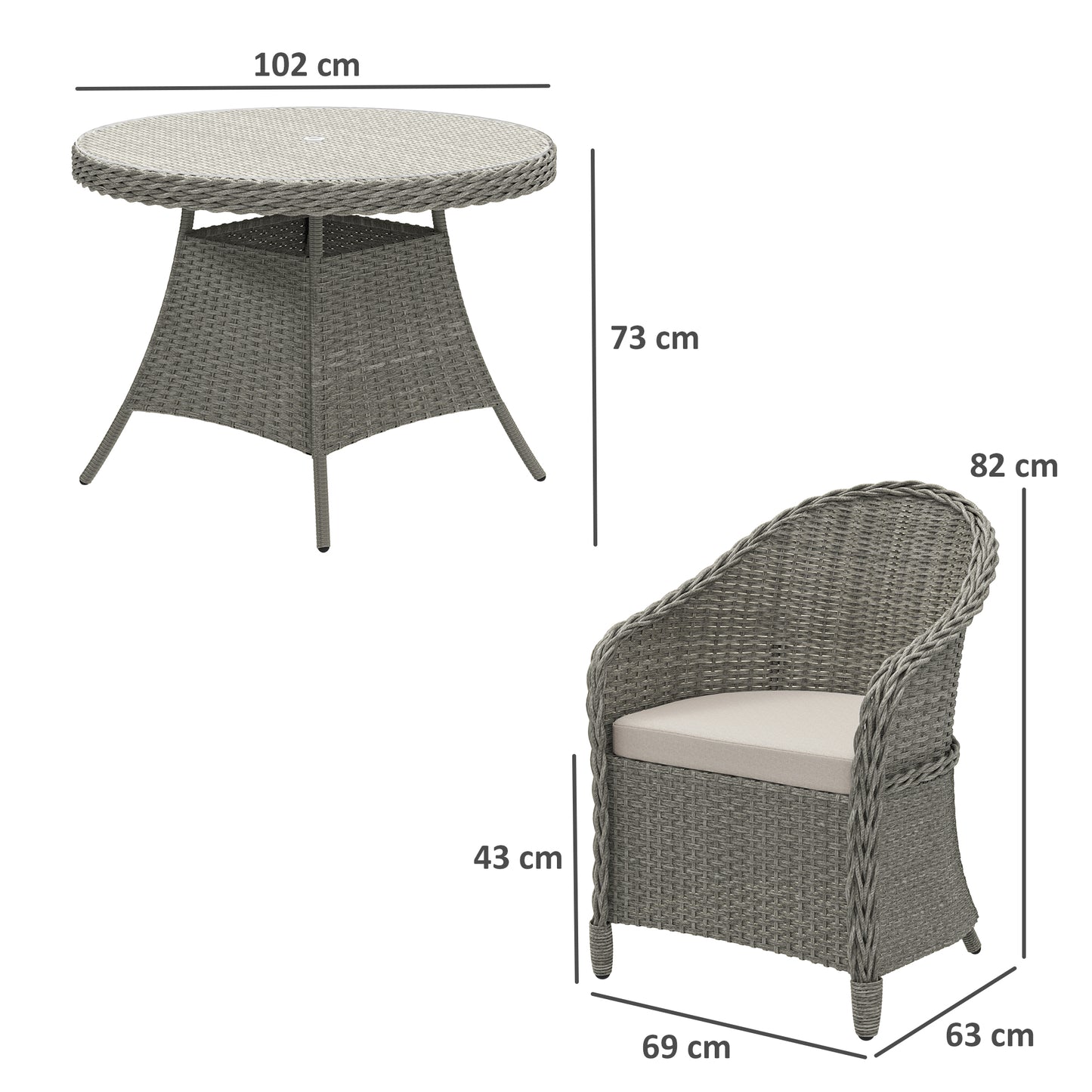 Outsunny 4-Seater Rattan Garden Furniture Set, Glass-Top Table & Cushions, Umbrella Hole, Outdoor Dining, Grey
