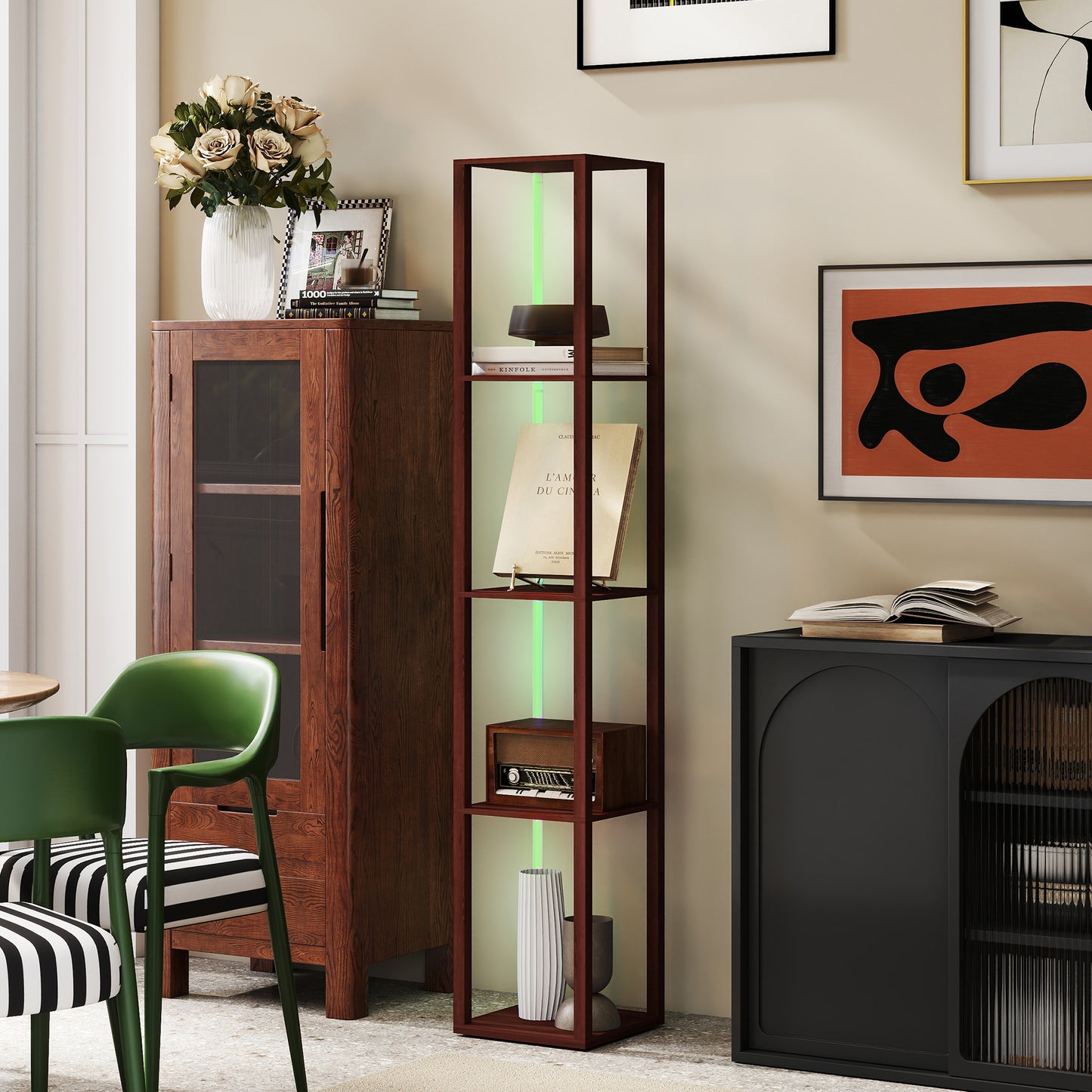 HOMCOM Floor Lamp with Shelves, RGB LED, Dimmable, Remote-Controlled, Adjustable Brightness & Speed, for Living Room/Bedroom/Office, Brown