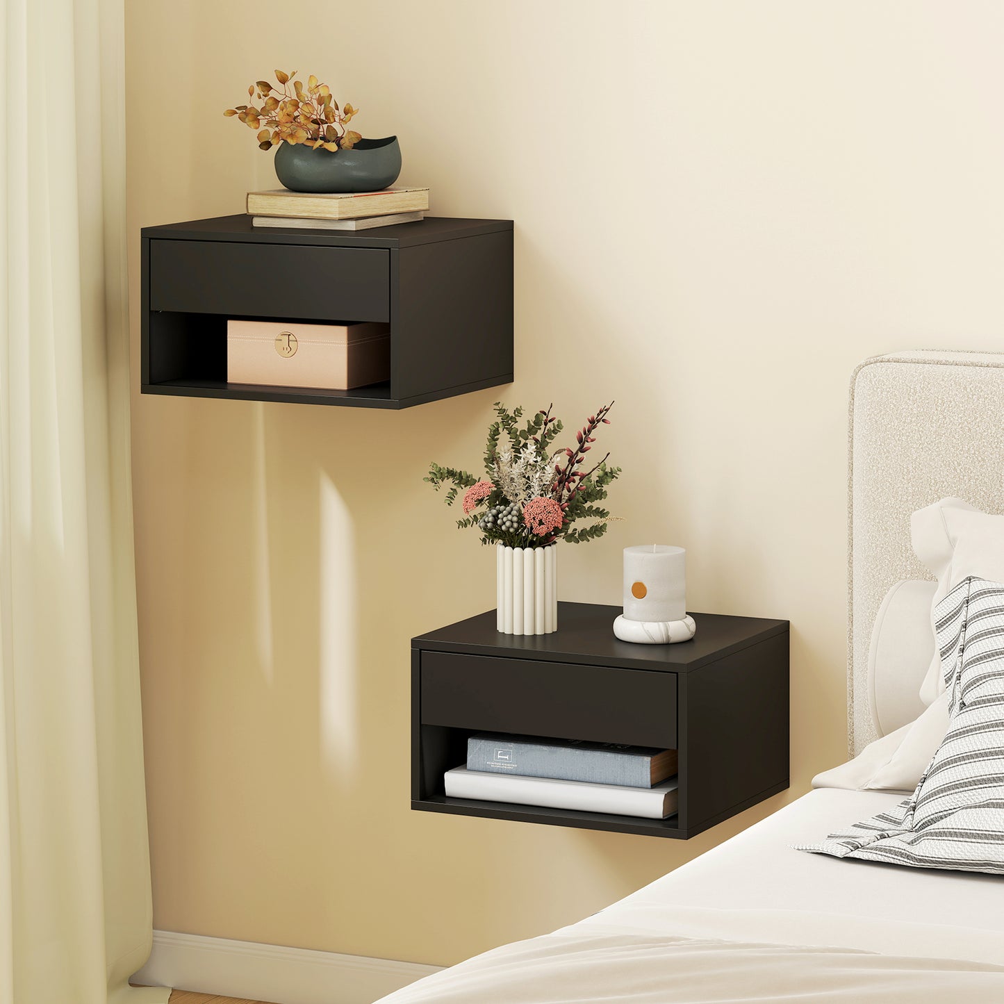 HOMCOM Floating Bedside Tables Set of 2, Wall Mounted Nightstand, High Gloss Black