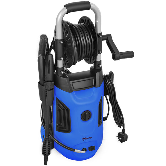 Outsunny 1800W High Pressure Washer, 150 Bar, 420 L/h, Portable Jet Wash Cleaner with Adjustable Nozzle, 6M Hose, Reel, Steel Handle, Blue