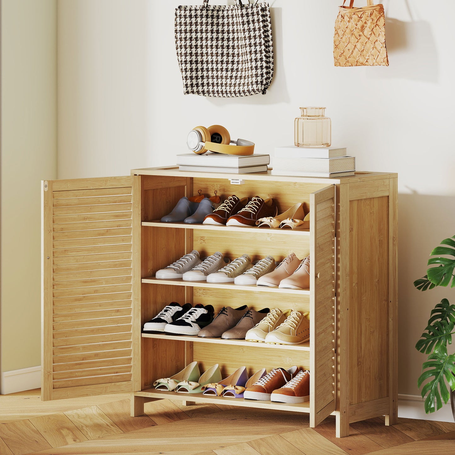 HOMCOM Bamboo Shoe Cabinet with Louvered Doors, 14 Pairs Shoe Storage Cabinet with Adjustable Shelves for Hallway, Natural