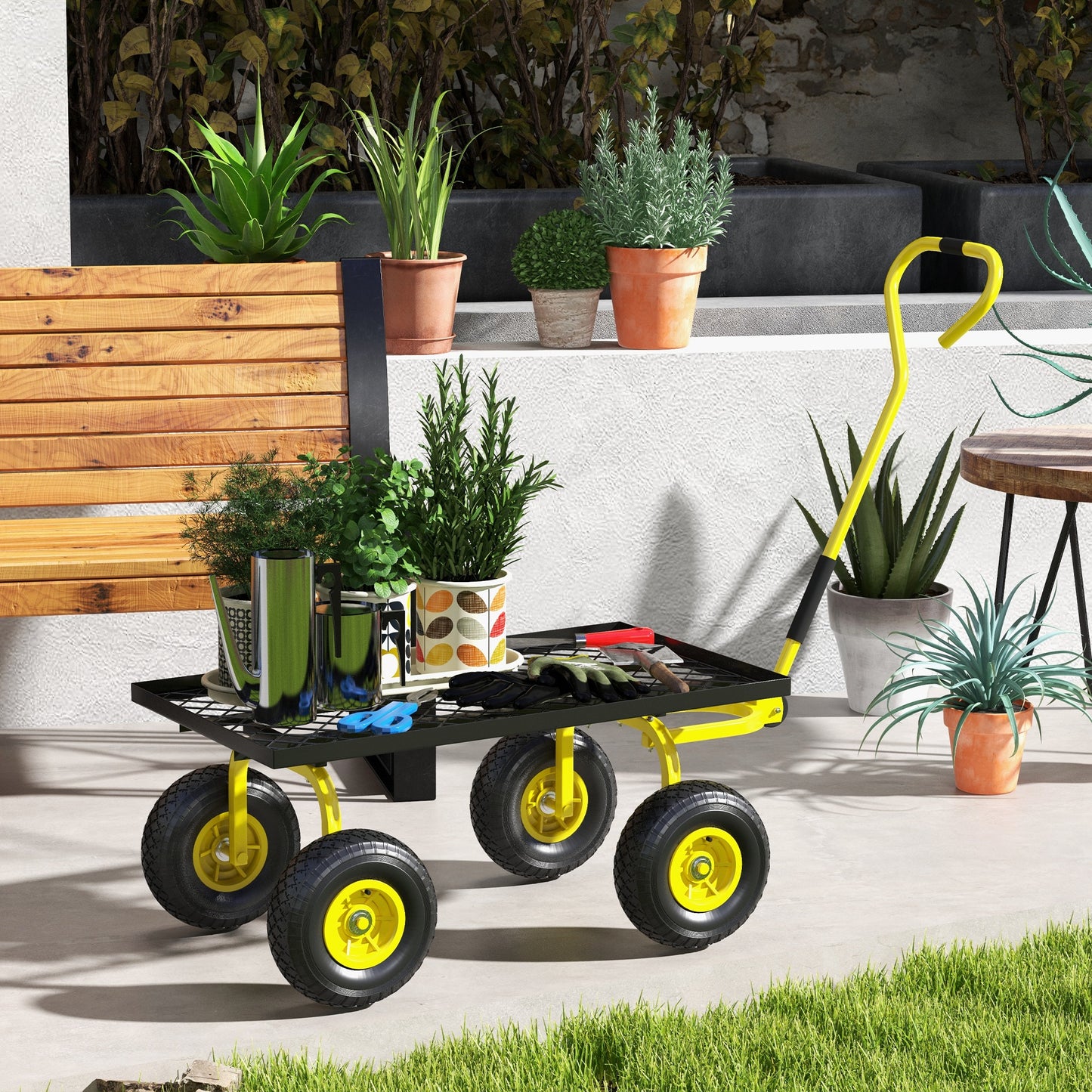 Outsunny Garden Trolley Cart, Heavy Duty Metal Frame with 10" Pneumatic Wheels, Rotating Handle, 150kg Capacity, for Garden/Farm, Yellow
