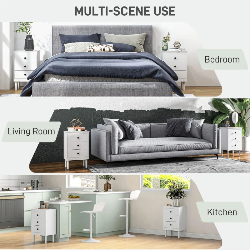 HOMCOM Set of Two Three-Drawer Modern Bedside Tables - White