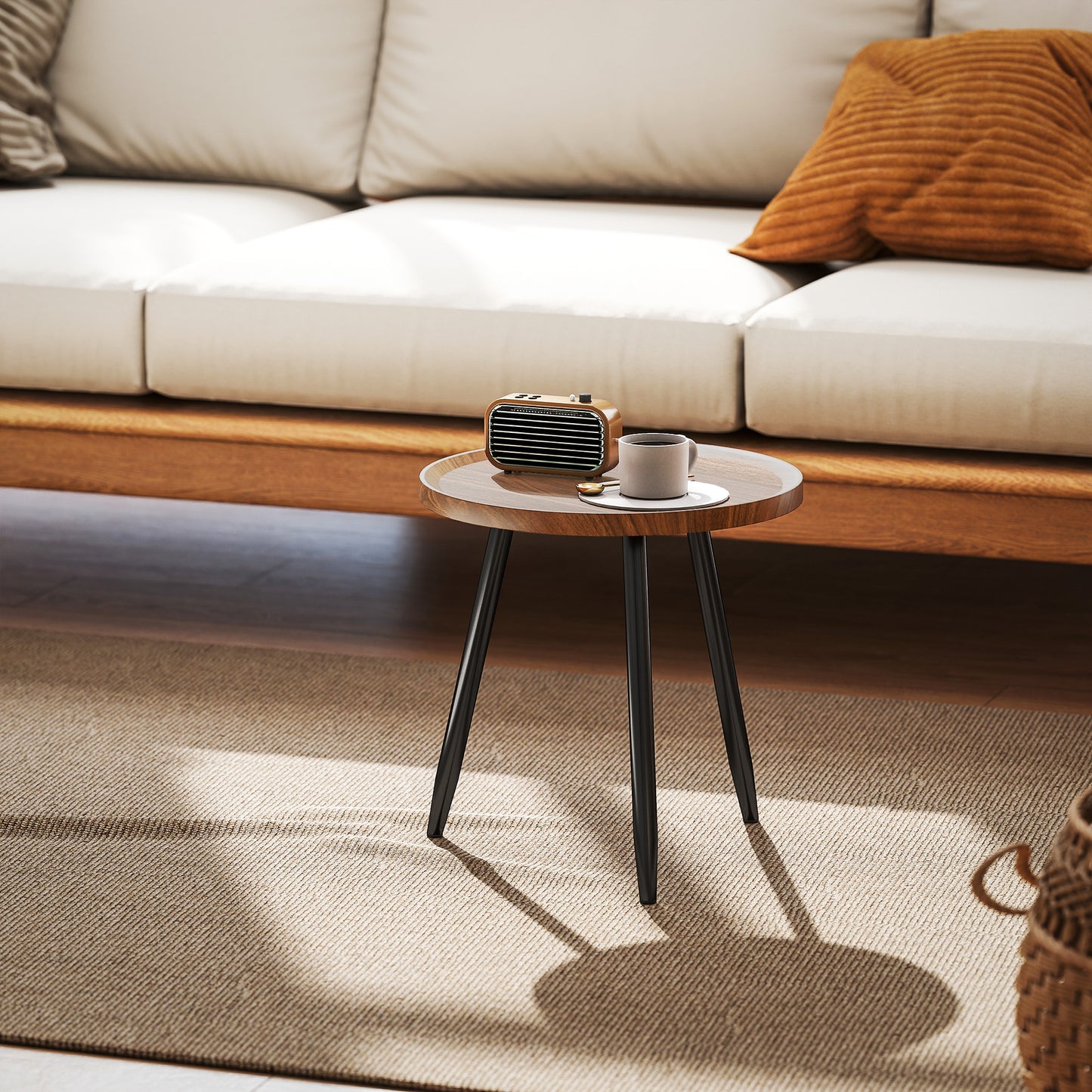 HOMCOM Modern Round Coffee Table with Steel Frame for Small Space, Sofa Beside, Living Room, Bedroom, Chestnut Wood Effect