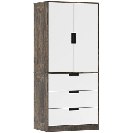 HOMCOM Modern Clothes Storage Cupboard Unit, 3 Drawer 2 Door Wardrobe with Hanging Rod, Rustic Brown