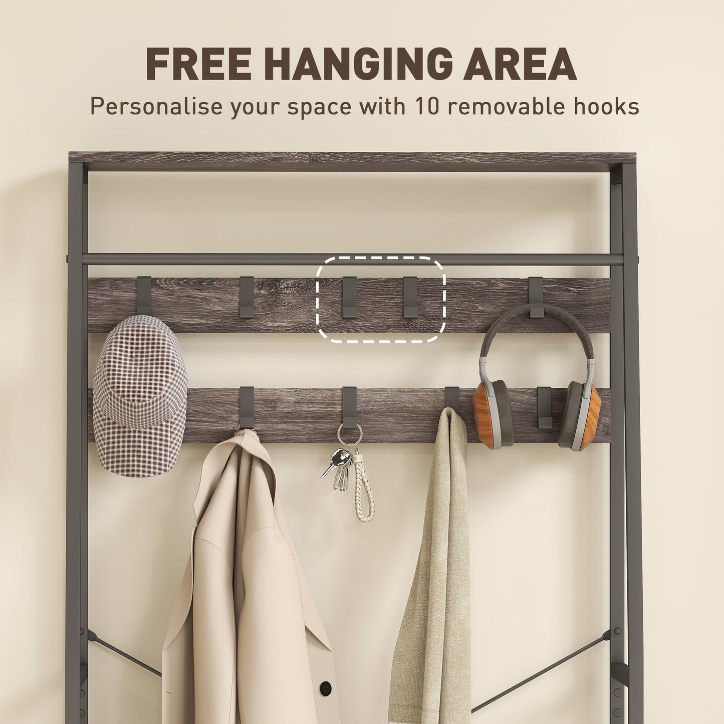 HOMCOM Coat Rack with Shoe Storage, Industrial Hall Tree with Bench, 10 Hooks, 2 Fabric Drawers, Clothes Rail for Entryway, Grey