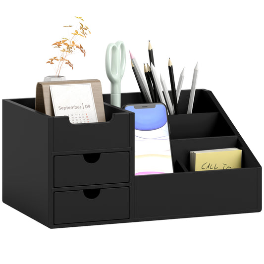 HOMCOM Desk Organiser, Bamboo Storage Caddy with 7 Compartments and 2 Drawers for Home Office Supplies, Black