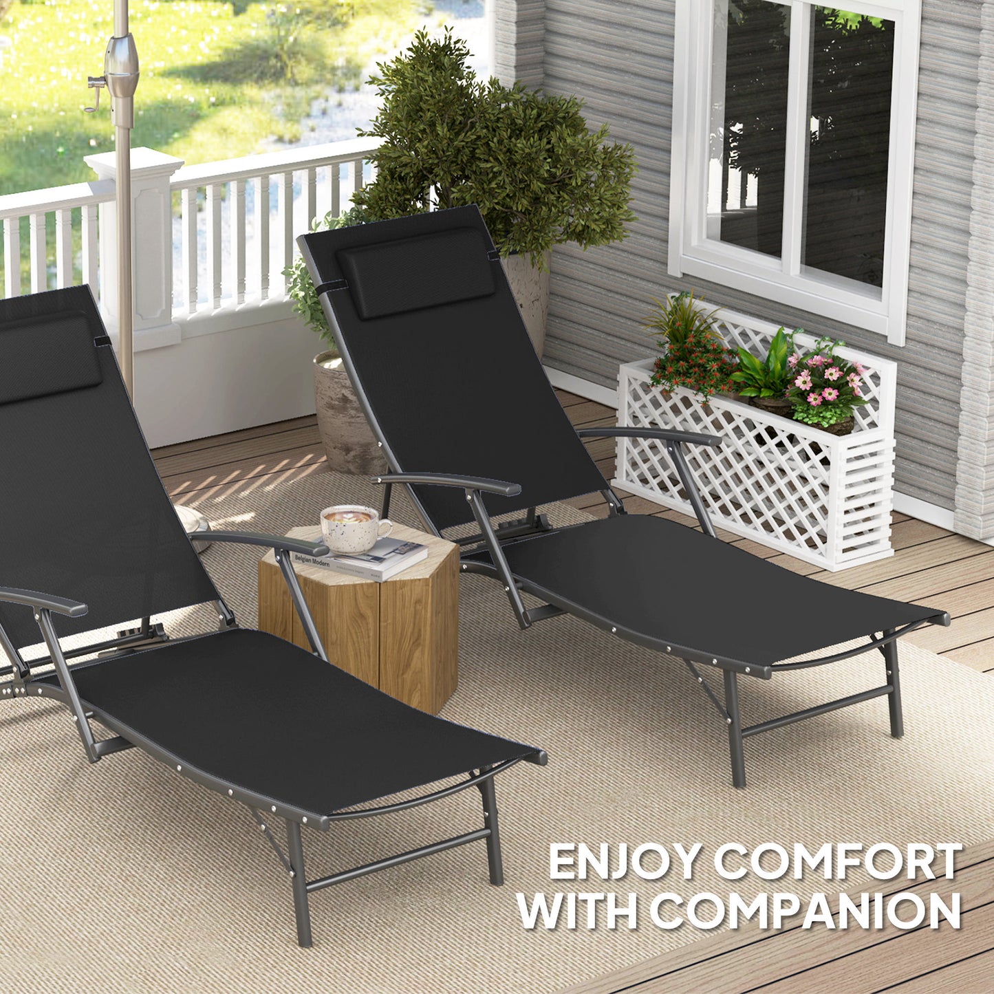 Outsunny Set of 2 Folding Sun Loungers, 4-Position Adjustable Garden Chairs with Armrests, Black