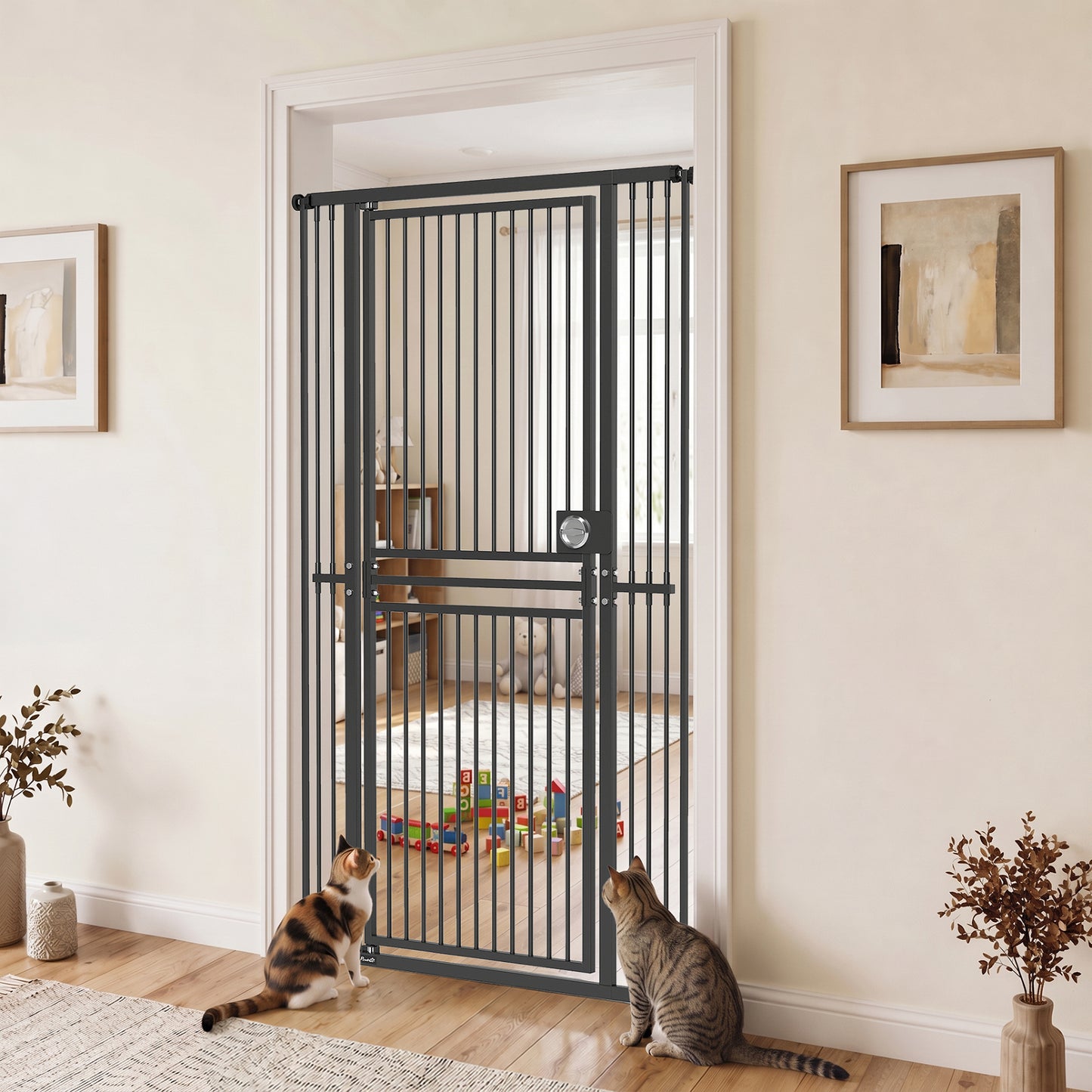 PawHut 180cm Extra Tall Cat Gate, Adjustable Pet Gate with 74-100 cm Wide, Pressure Fit, Pull-Ring Latch, Black