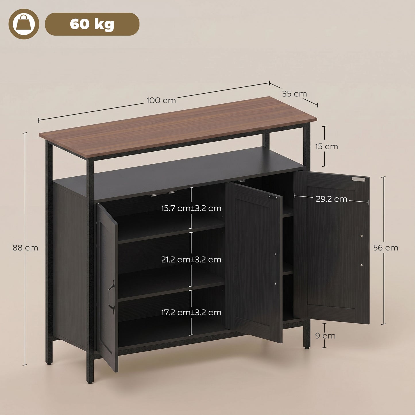 HOMCOM Industrial Kitchen Sideboard with Open Shelf, 2 Cabinets, Adjustable Shelves for Living Room, Dining Room, Black