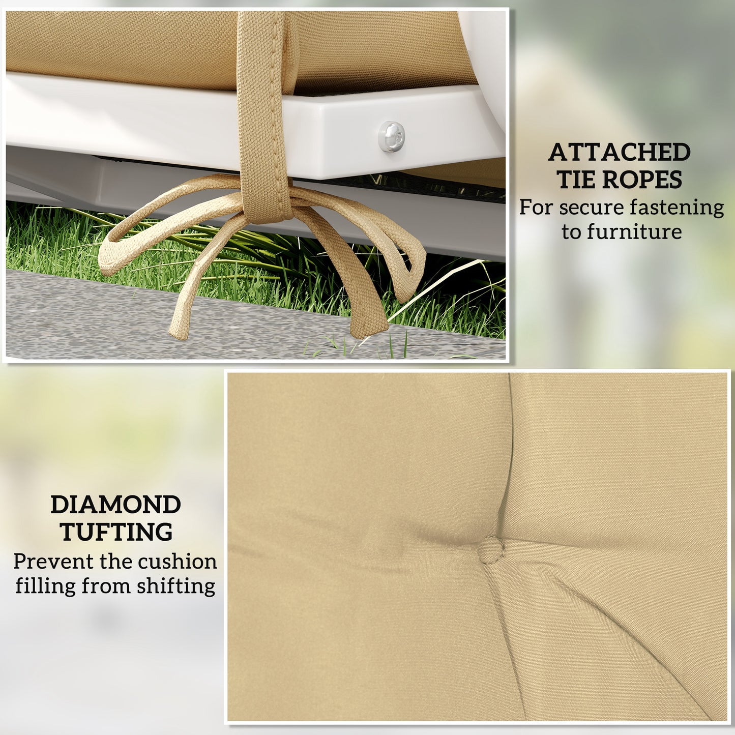 Outsunny 2 Seater Bench Pad, Garden Chair Cushion with Back and Ties for Indoor and Outdoor Use, 98 x 100 cm, Khaki