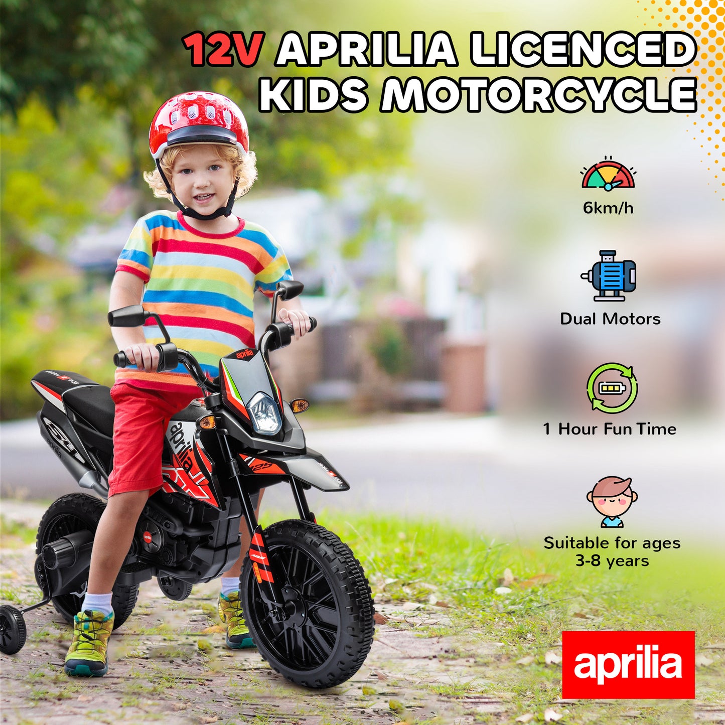 AIYAPLAY 12V Aprilia Licenced Kids Motorbike with Training Wheels, Spring Suspension, LED Light, USB, Music, Red