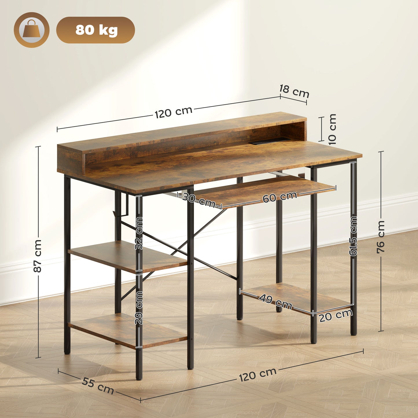 HOMCOM Reversible Computer Desk, LED Lights, Power Outlets, Monitor Stand, Keyboard Tray, Storage Shelves, 120x55 cm, Rustic Brown