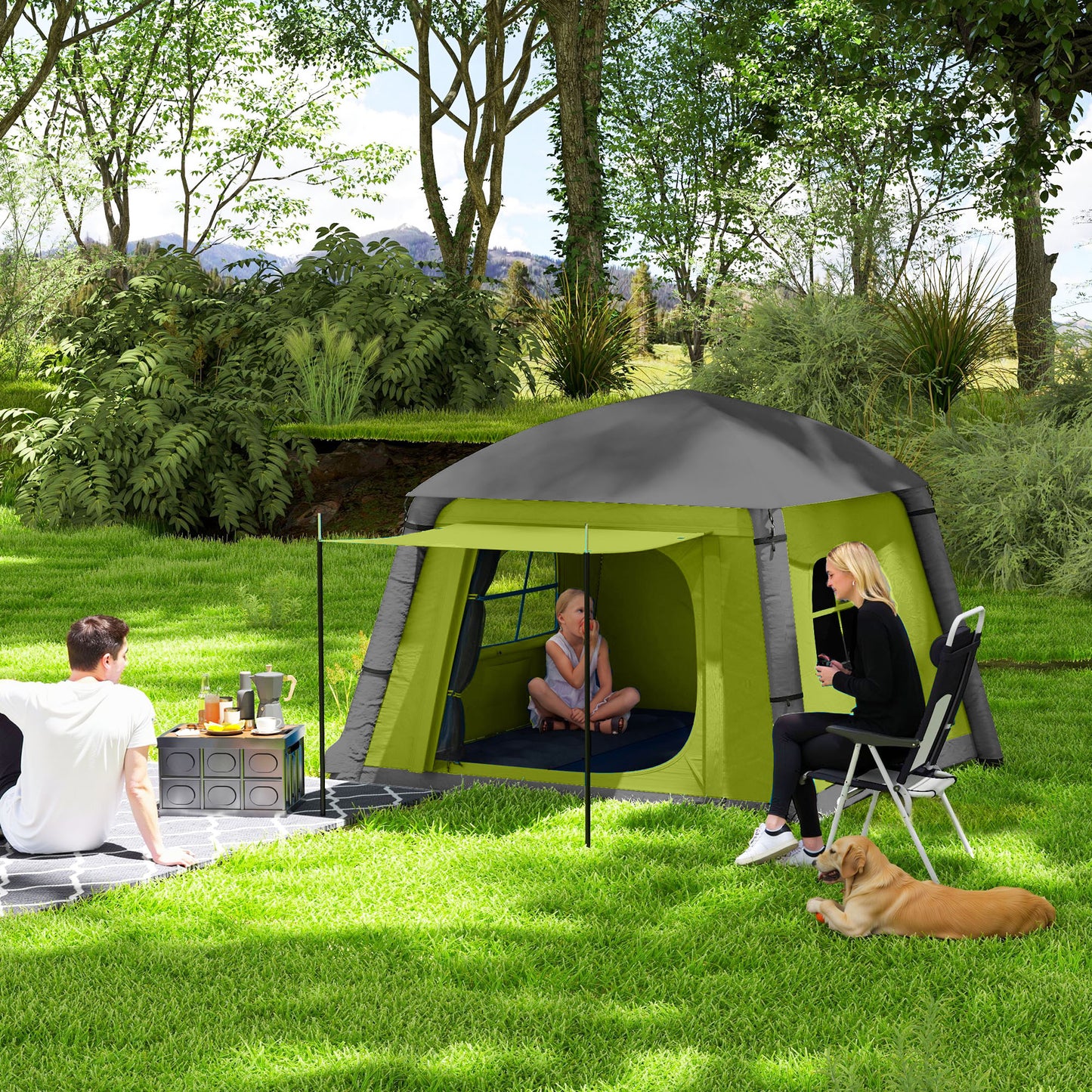Outsunny Inflatable Camping Tent w/ Hand Pump, Easy Setup for 1-2 People, Waterproof & Windproof with Mesh Windows, Doors & Carry Bag, Green/Brown