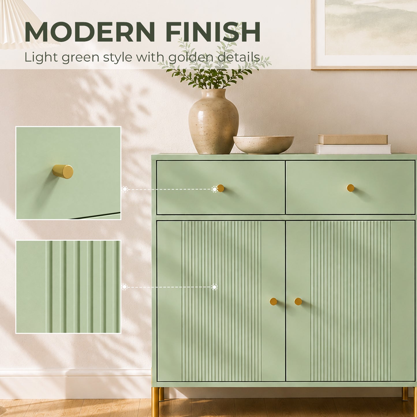 HOMCOM Modern Sideboard, Sideboard Storage Cabinet with 2 Drawers and Adjustable Shelf for Living Room, Light Green