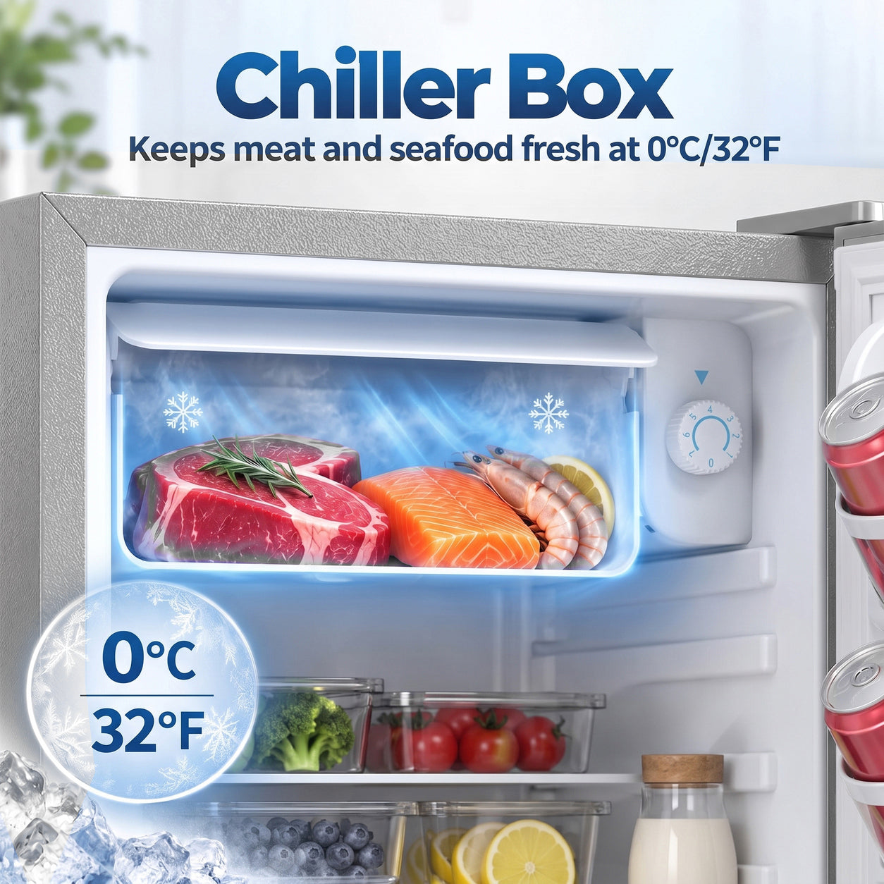 HOMCOM 73 L Mini Fridge with Chiller Box, Single Door Compact Refrigerator, Adjustable Thermostat, Reversible Door, Grey