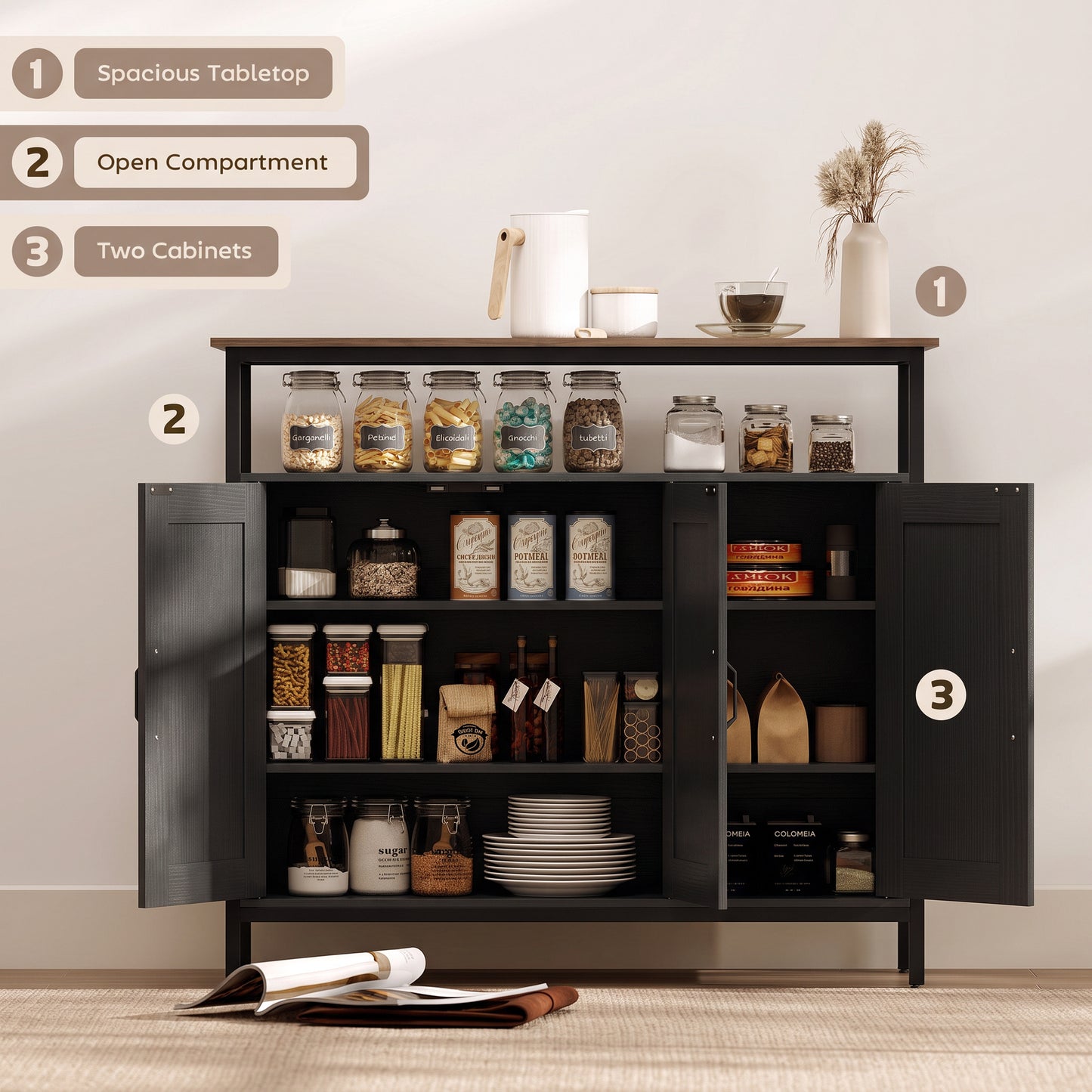 HOMCOM Industrial Kitchen Sideboard with Open Shelf, 2 Cabinets, Adjustable Shelves for Living Room, Dining Room, Black