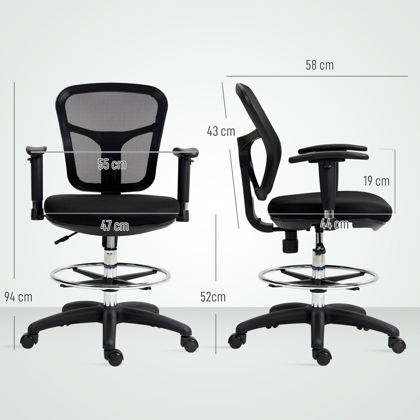 HOMCOM Drafting Chair with Adjustable Armrests, Ergonomic Mesh Back, Lumbar Support, Height & Footrest Adjustments for Standing Desk, Black