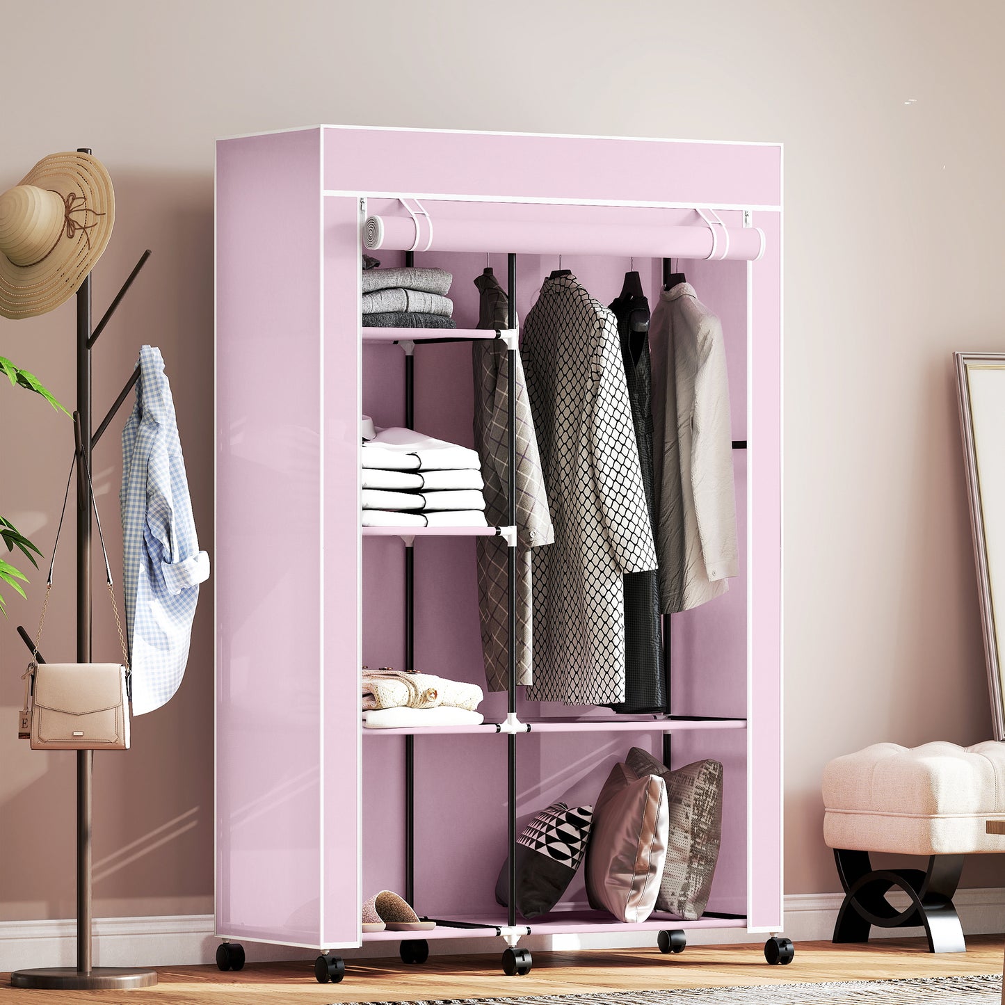 HOMCOM Fabric Wardrobe, Portable Wardrobe with 6 Shelves, 1 Hanging Rail, Pink