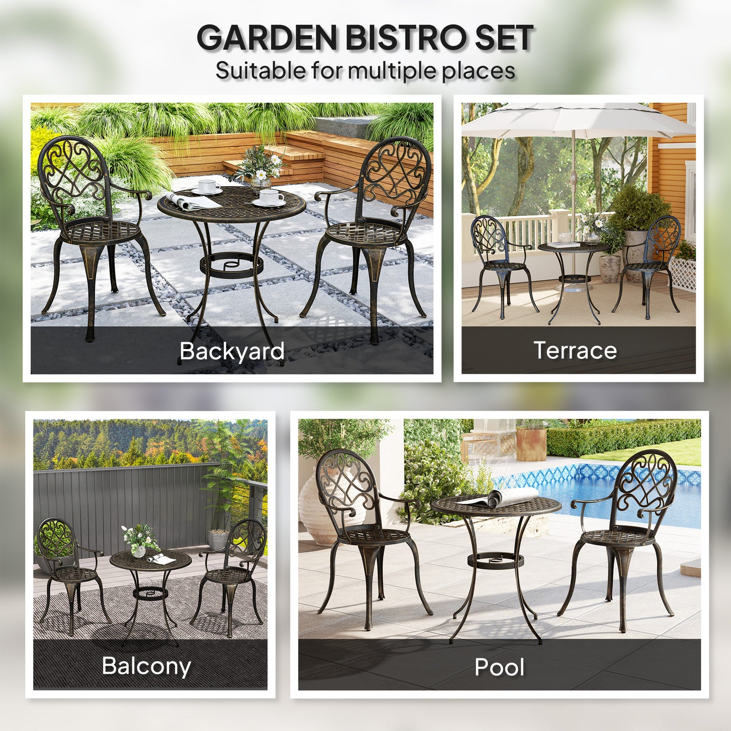 Outsunny 3 Piece Patio Bistro Set for 2, Outdoor Aluminium Garden Table and Chairs with Adjustable Footpads for Balcony, Garden and Patio, Bronze Tone