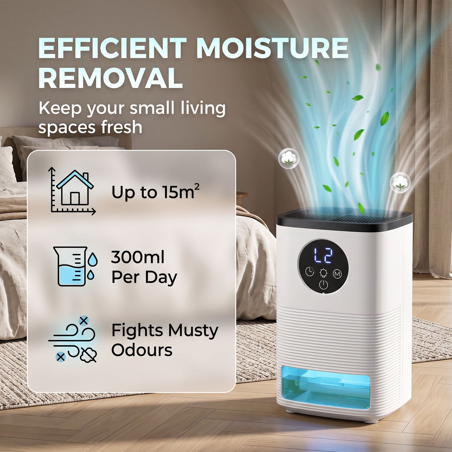 HOMCOM 300mL/Day Small Dehumidifier, RGB Mood Lights, Continuous Drainage, 24H Timer, LED Display, Dehumidifier for Home Damp