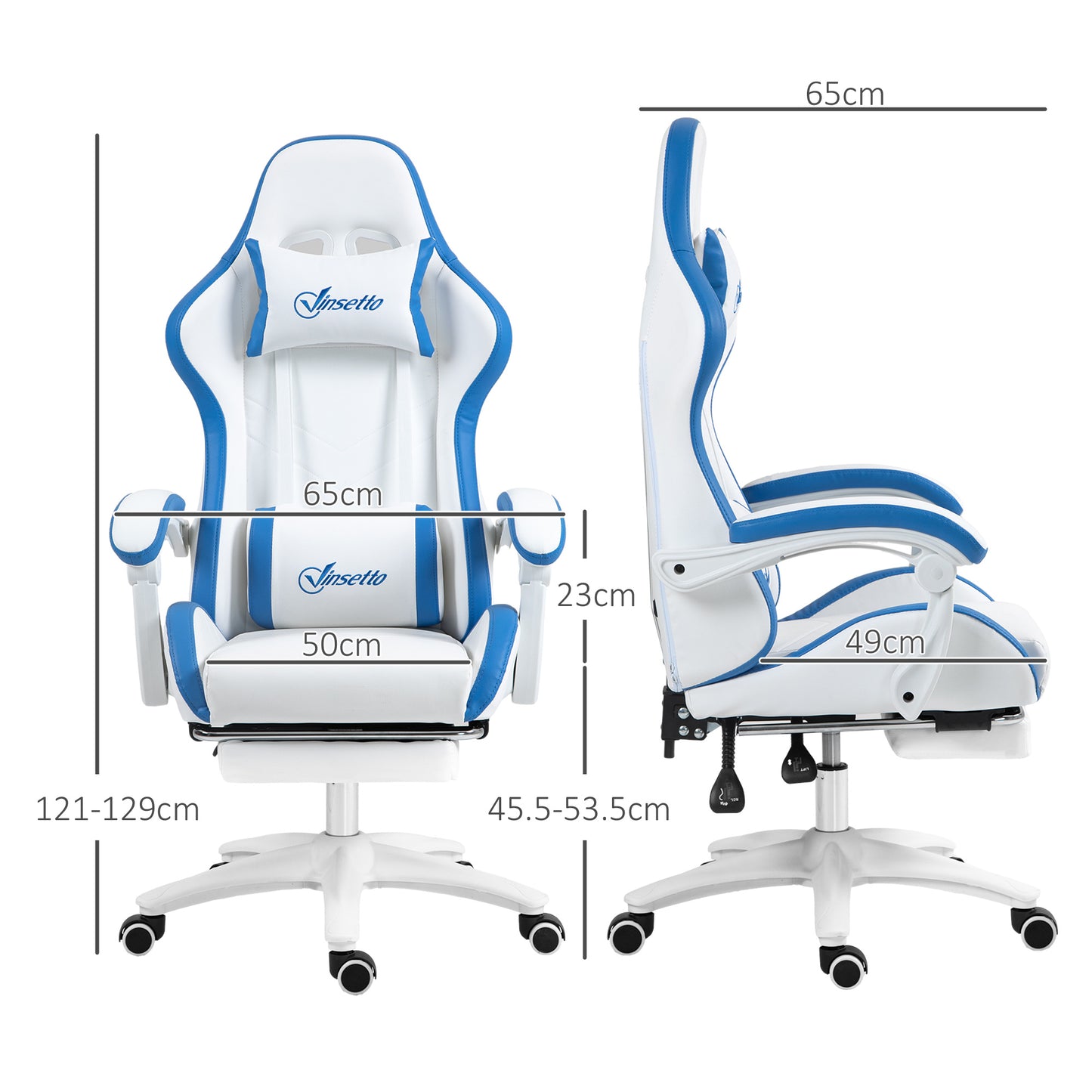 Vinsetto Racing Gaming Chair, Reclining PU Leather Computer Chair with 360 Degree Swivel Seat, Footrest, Removable Headrest and Lumber Support, White and Blue