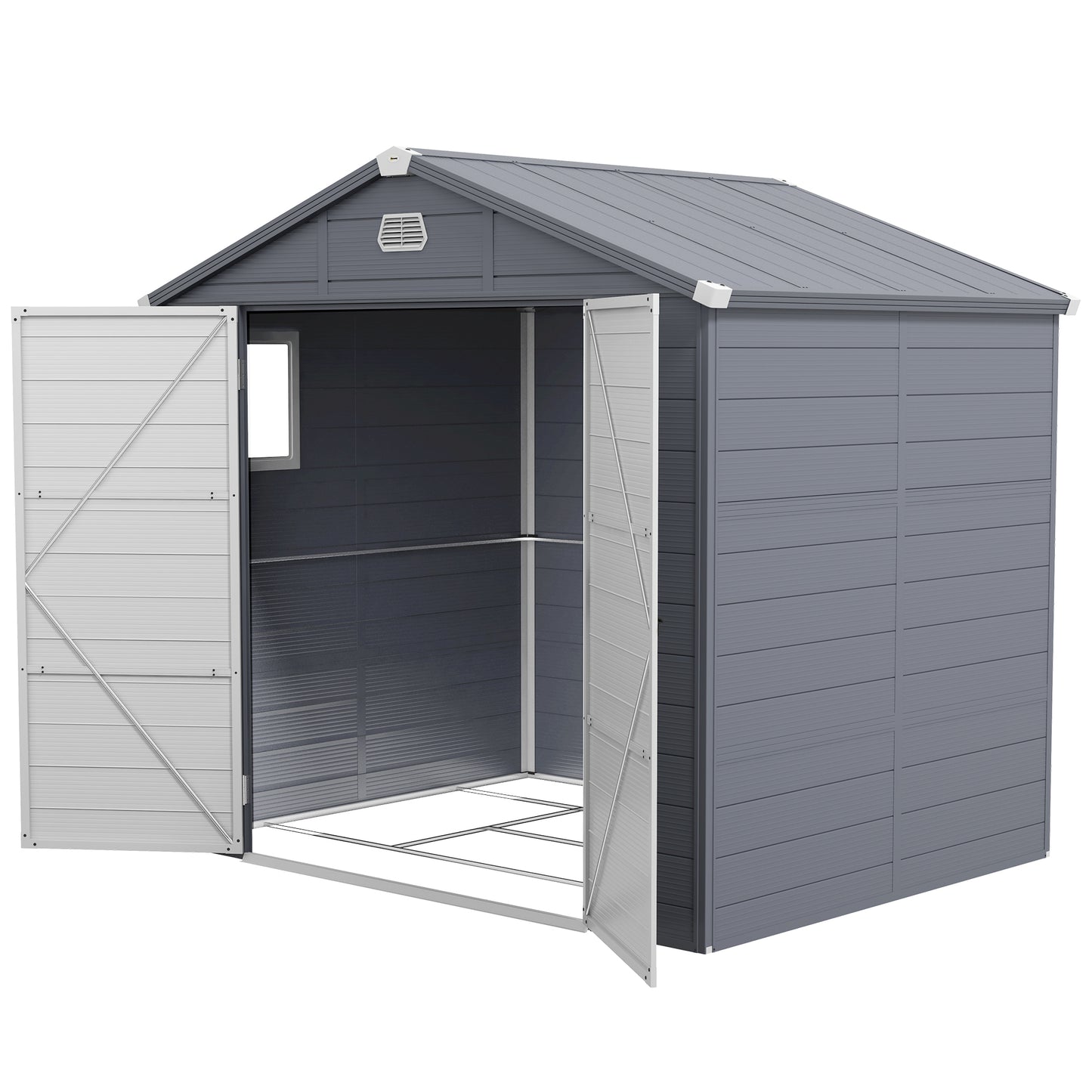 Outsunny 8 x 6ft Plastic Garden Storage Shed with Foundation Kit, Polypropylene Outdoor Storage Tool House with Ventilation Slots and Lockable Door, Grey