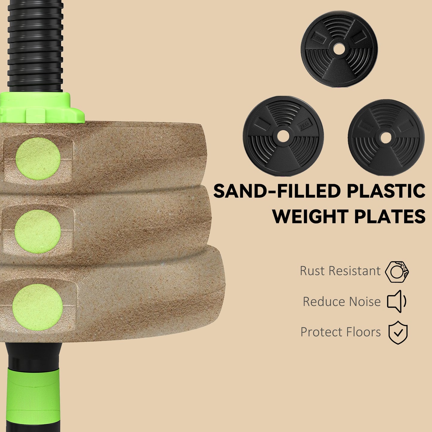 SPORTNOW 20 kg 3-in-1 Adjustable Dumbbell & Barbell Set with EZ Bar, Connecting Rod and Non-Slip Grip for Home Gym, Green