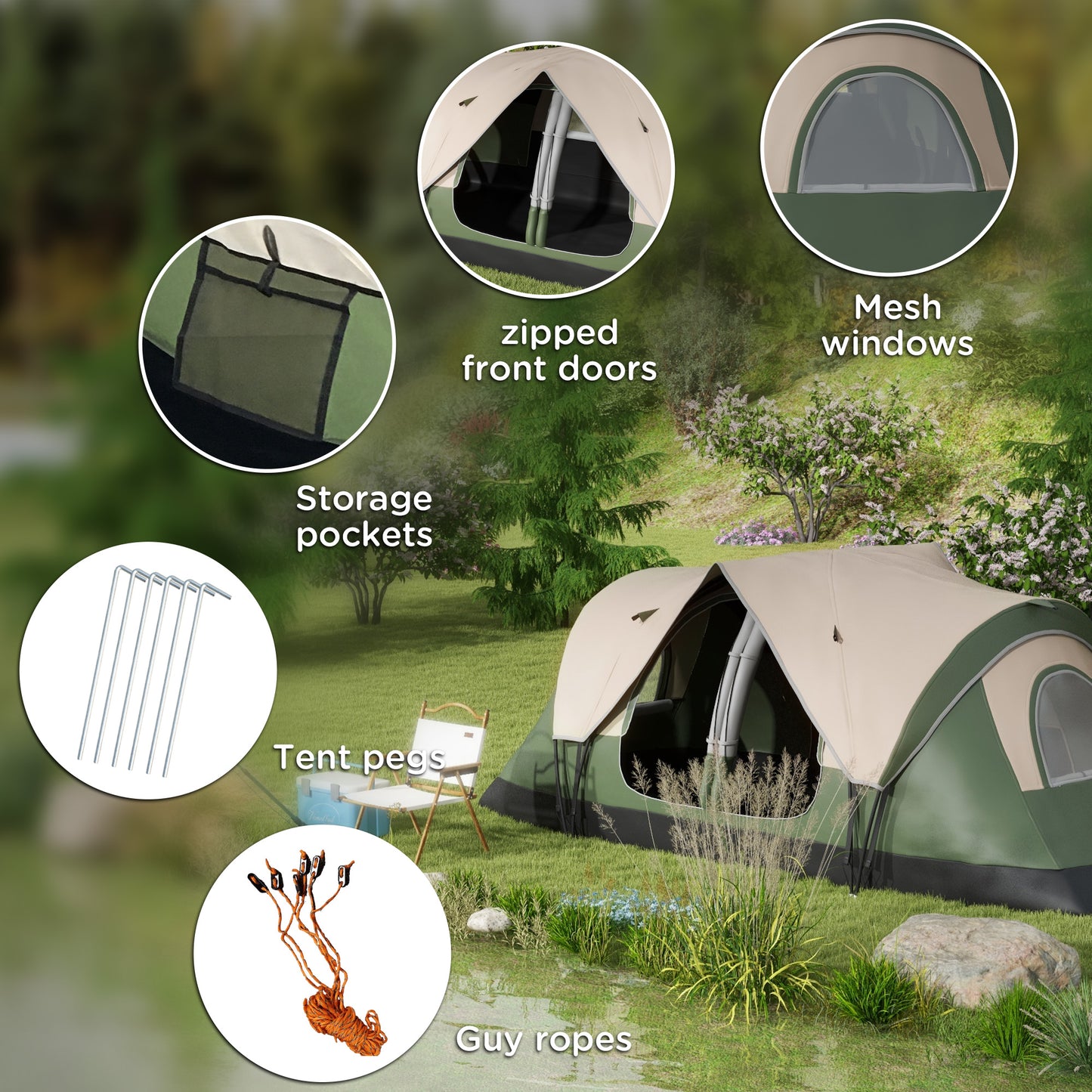 Outsunny Camping Tent for 6-8 Man with 2000mm Waterproof Rainfly and Carry Bag for Fishing Hiking Festival Dark Green