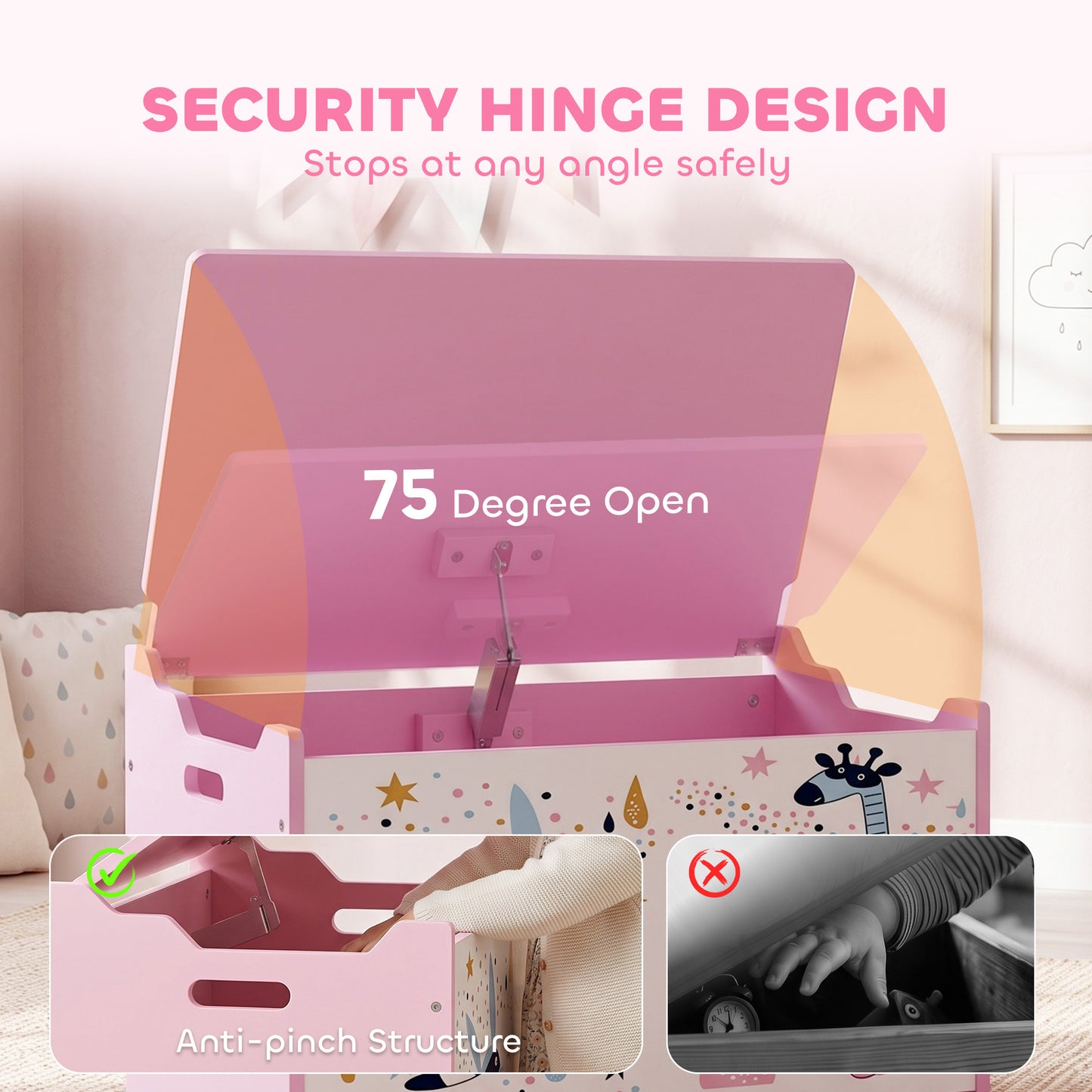 AIYAPLAY Storage Chest, Wooden Toy Chest with Lid, Flip-Top, Security Hinges and Anti-Pinch Design for Kids, Pink