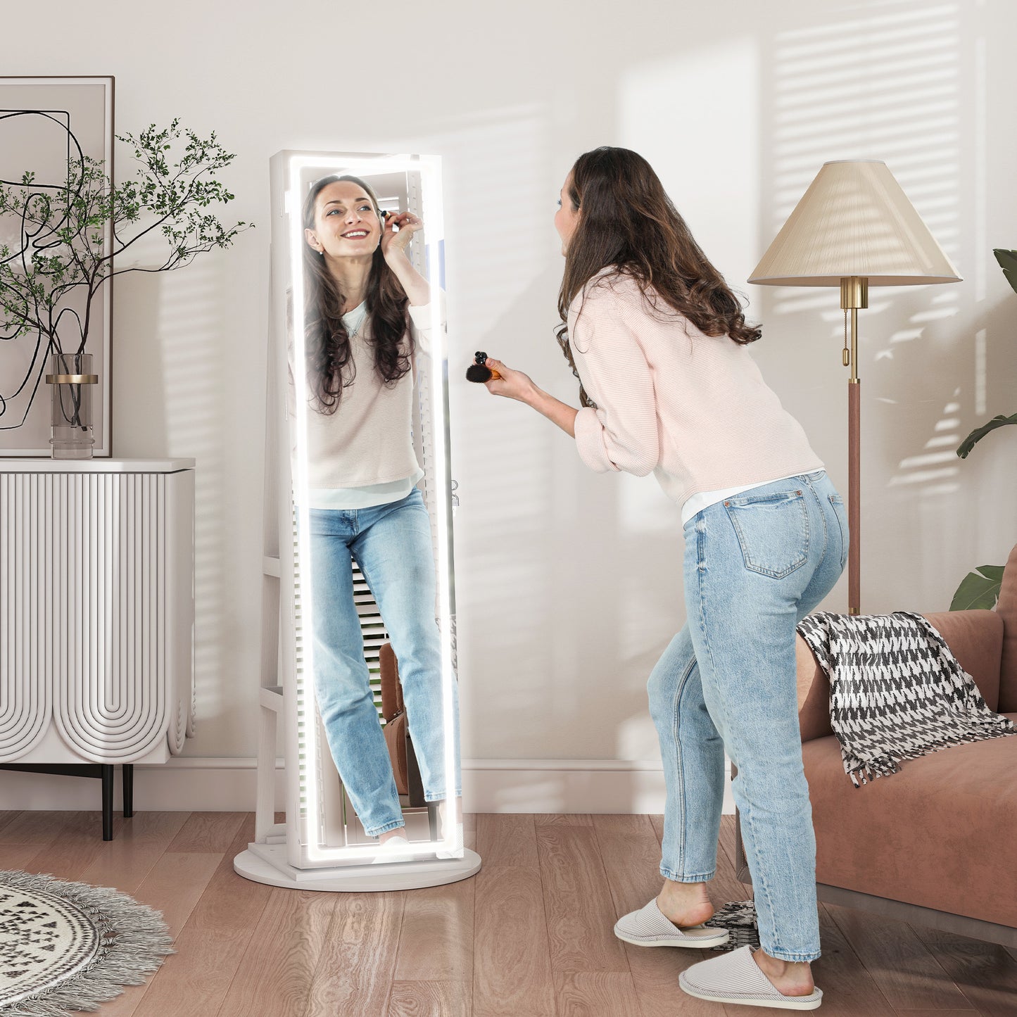 HOMCOM Lockable 360° Swivel Jewellery Cabinet with LED Lights, Full-Length Mirror & Storage for Accessories, Free Standing, White
