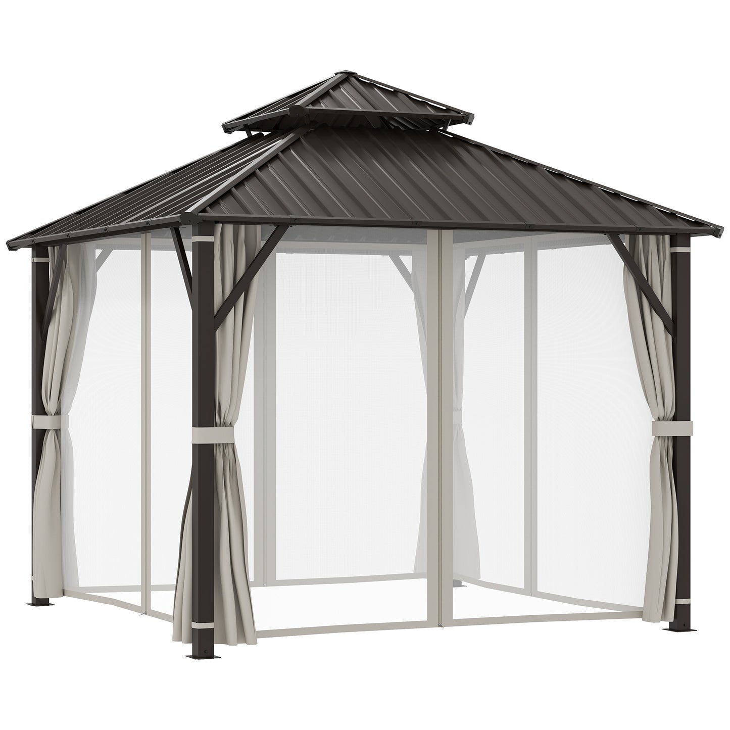 Outsunny Hardtop Gazebo Canopy, 3x3m, Double Metal Roof, Permanent Pavilion with Netting and Curtains, Easy Assembly, Black