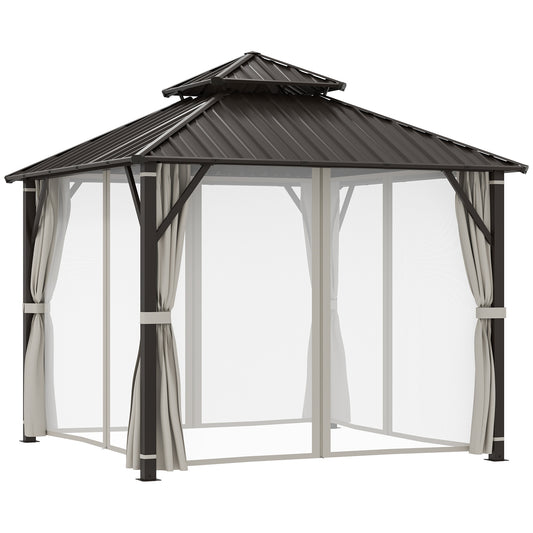 Outsunny Hardtop Gazebo Canopy, 3x3m, Double Metal Roof, Permanent Pavilion with Netting and Curtains, Easy Assembly, Black