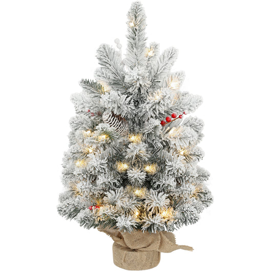 HOMCOM 60cm Prelit Christmas Tree with 35 LED Lights, Snow Flocked, 72 Branches, Pine Cones, Berry Clusters, Linen Base, Battery Operated, Green