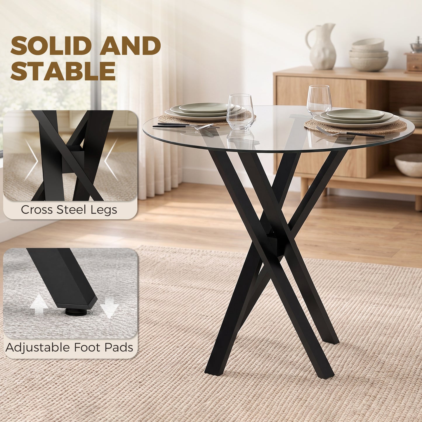 HOMCOM Round Dining Table for 4, 80cm Modern Kitchen Table with Tempered Glass Top and Cross Steel Legs, Clear