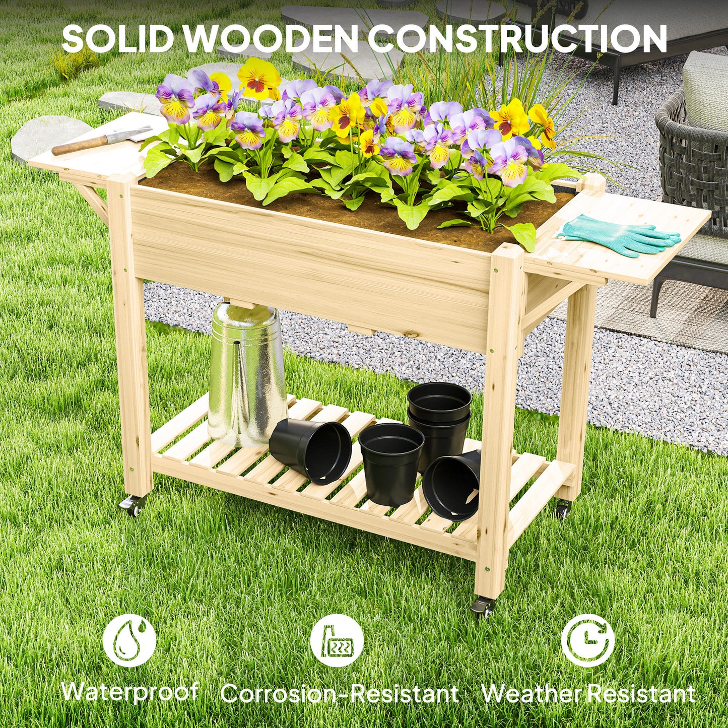 Outsunny Raised Garden Bed, Wooden Planter Box with Wheels, Side Tables, Shelf, Liner & Drainage Holes
