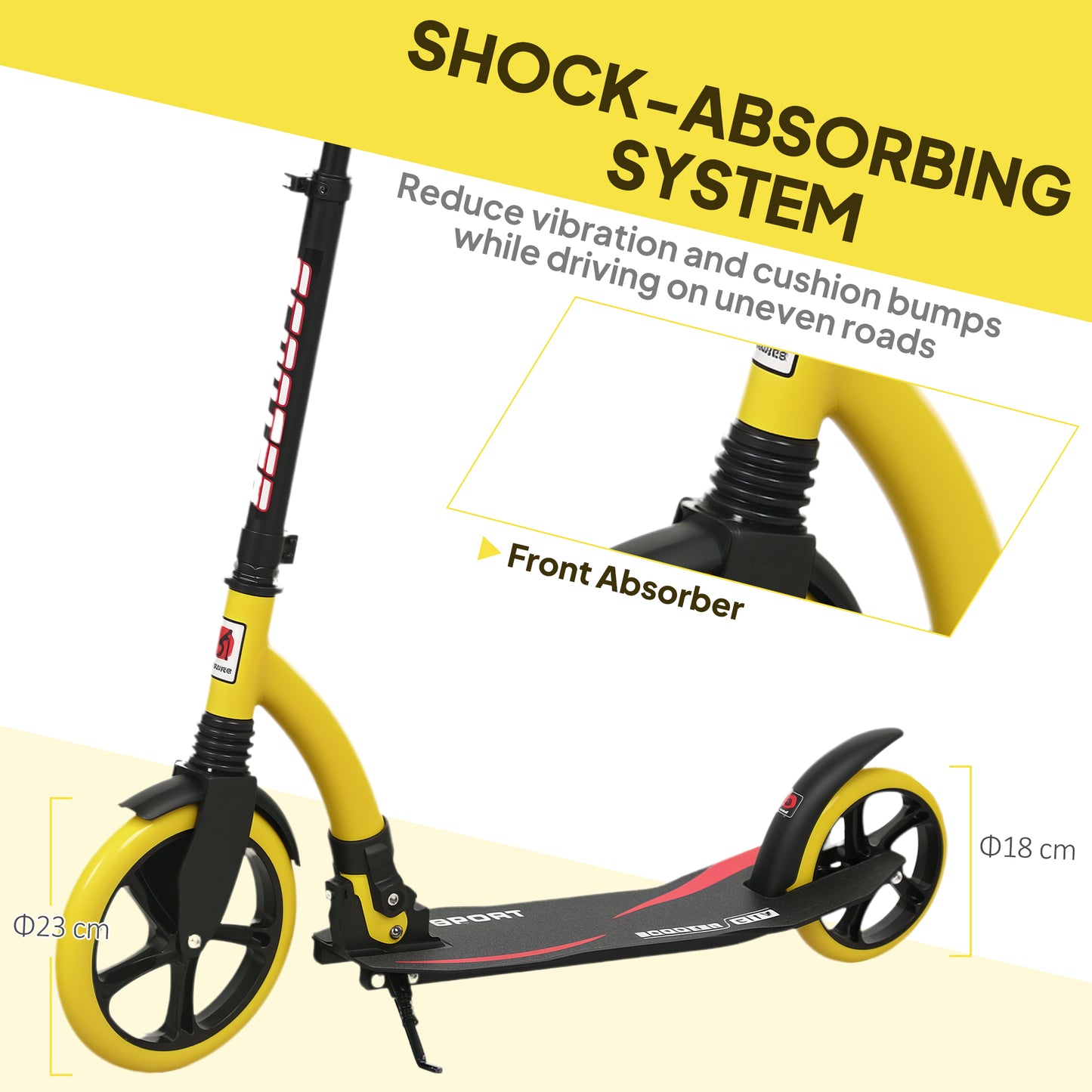 HOMCOM Foldable Kick Scooter, Double Shock Absorption, Big Wheels, Height Adjustable Aluminum Frame for 14+ Teens/Adults - Yellow
