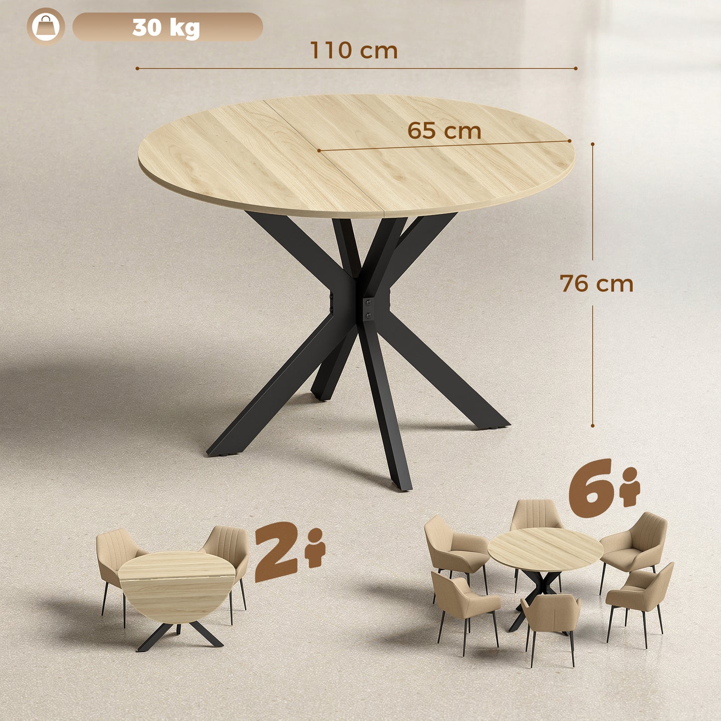 HOMCOM Folding Dining Table, Drop Leaf Table with Adjustable Feet, Natural Wood Finish