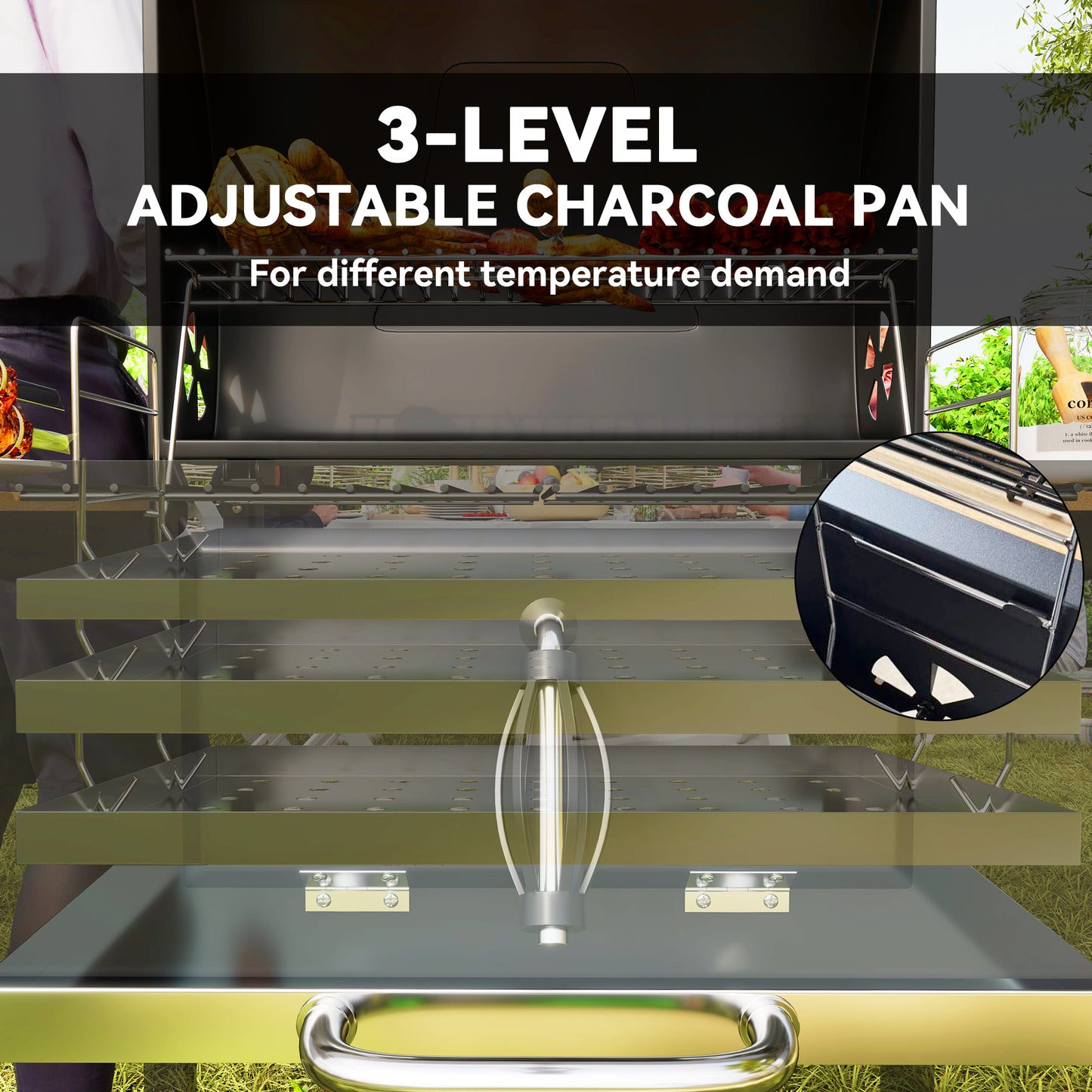 Outsunny Charcoal BBQ Grill, Portable Smoker with Adjustable Pan, Warming Rack, 3 Shelves, Temp Gauge, Wheels, Bottle Opener - Black