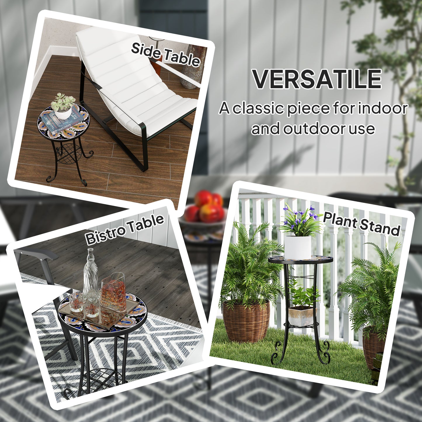 Outsunny Mosaic Garden Table, 35.5 cm Round Outdoor Ceramic Tile Top, Patio/Balcony End Table, Orange