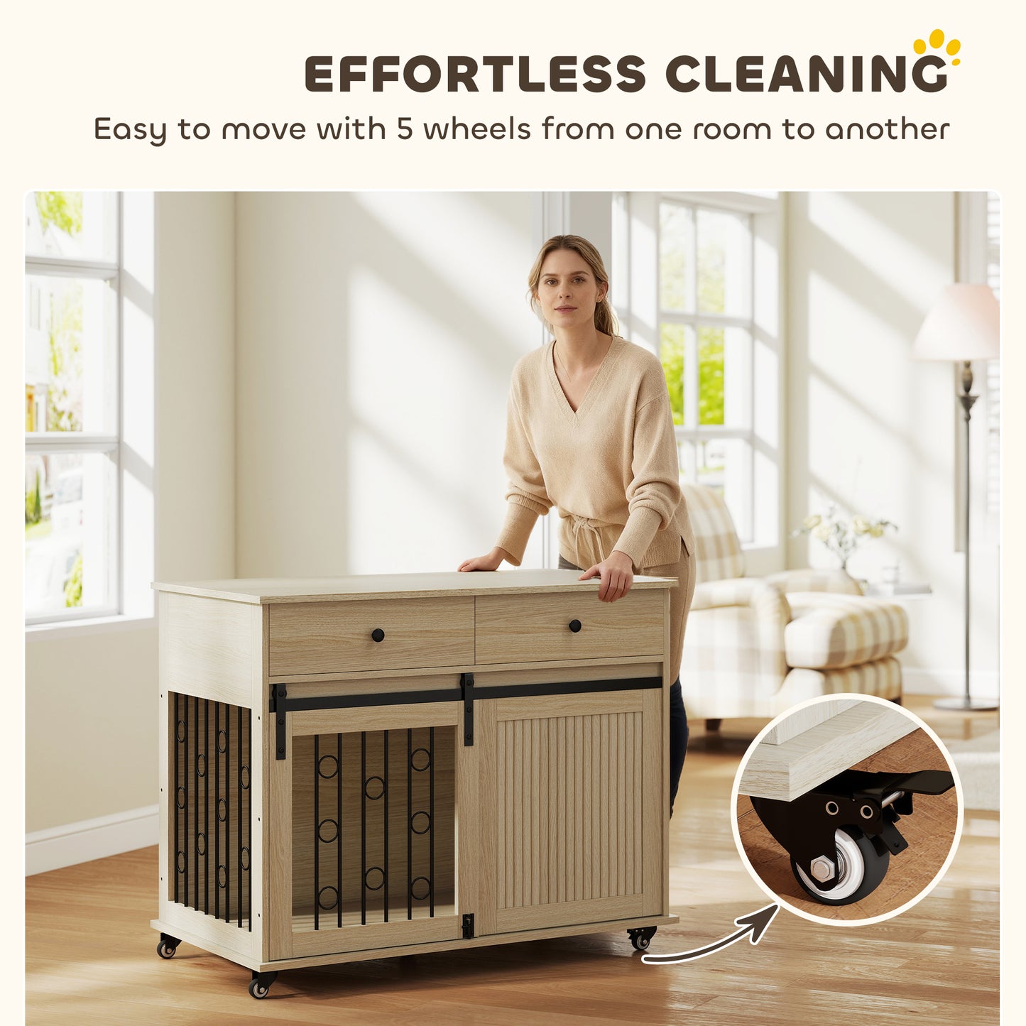 PawHut Dog Crate Furniture on Wheels, Dog Cage with 2 Drawers, Sliding Door, for Medium Large Dogs, Oak Tone