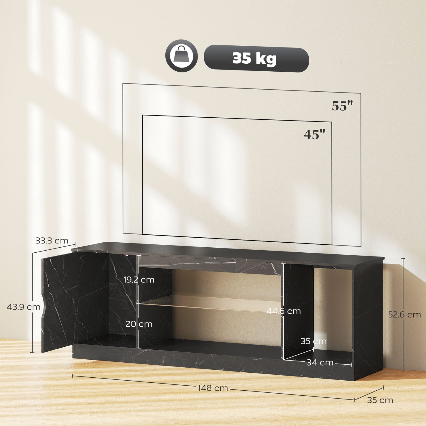 HOMCOM TV Stand Cabinet, Marble Effect, Glass Shelf & Storage for up to 55" TVs, Entertainment Unit for Living Room/Bedroom, Black