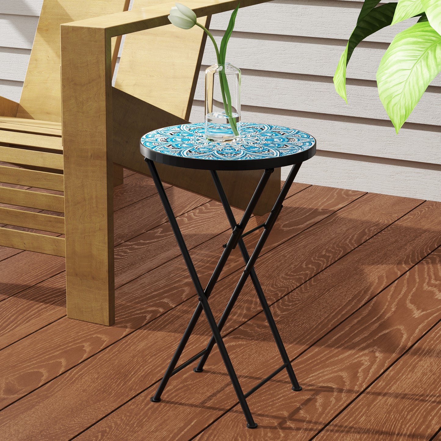 Outsunny Mosaic Garden Table, 35.5cm Round Folding Coffee Table with Metal Frame, Indoor Outdoor Table for Balcony Terrace, Blue