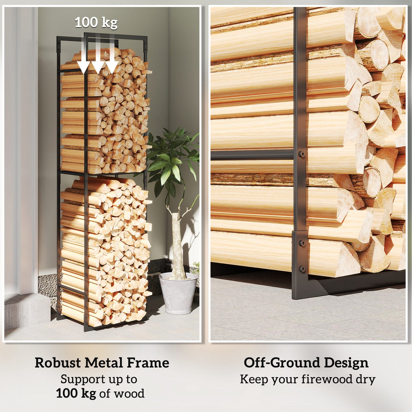 Outsunny Metal Firewood Log Holder, Heavy Duty Rack with Adjustable Shelf for Indoor/Outdoor, 45x31x170 cm, Black