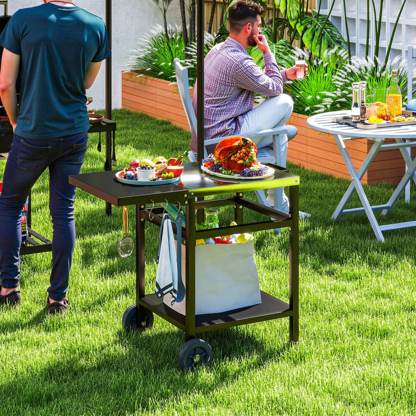 Outsunny BBQ Trolley with Stainless Steel Top, Foldable Side Table, Hooks, Shelf, Pizza Oven Table, Movable Grill Cart with Cover, Black