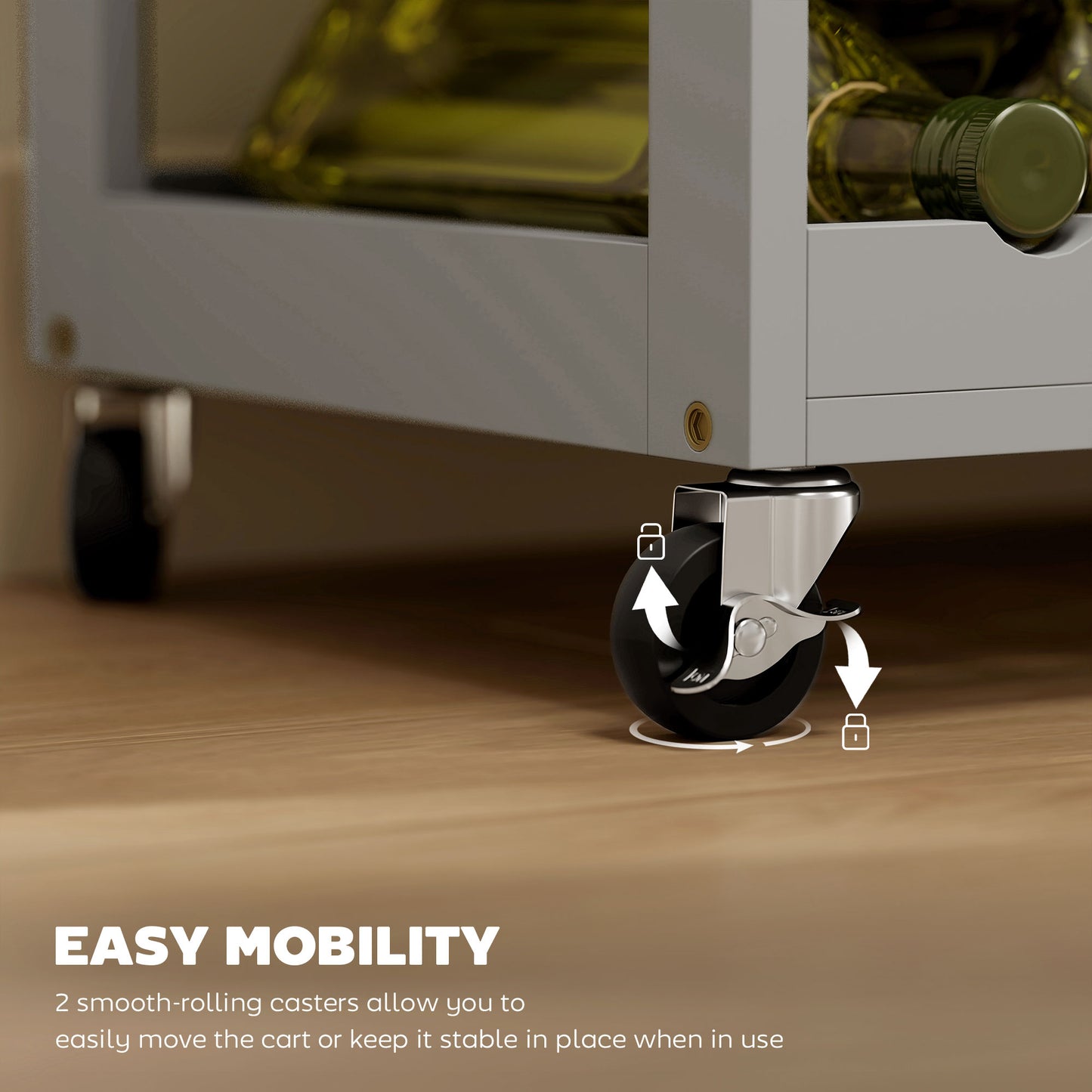 HOMCOM Modern Kitchen Trolley, Rolling Island Storage Cart with Drawer, 9-bottle Wine Rack, Door Cabinets, Wooden Countertop, Grey