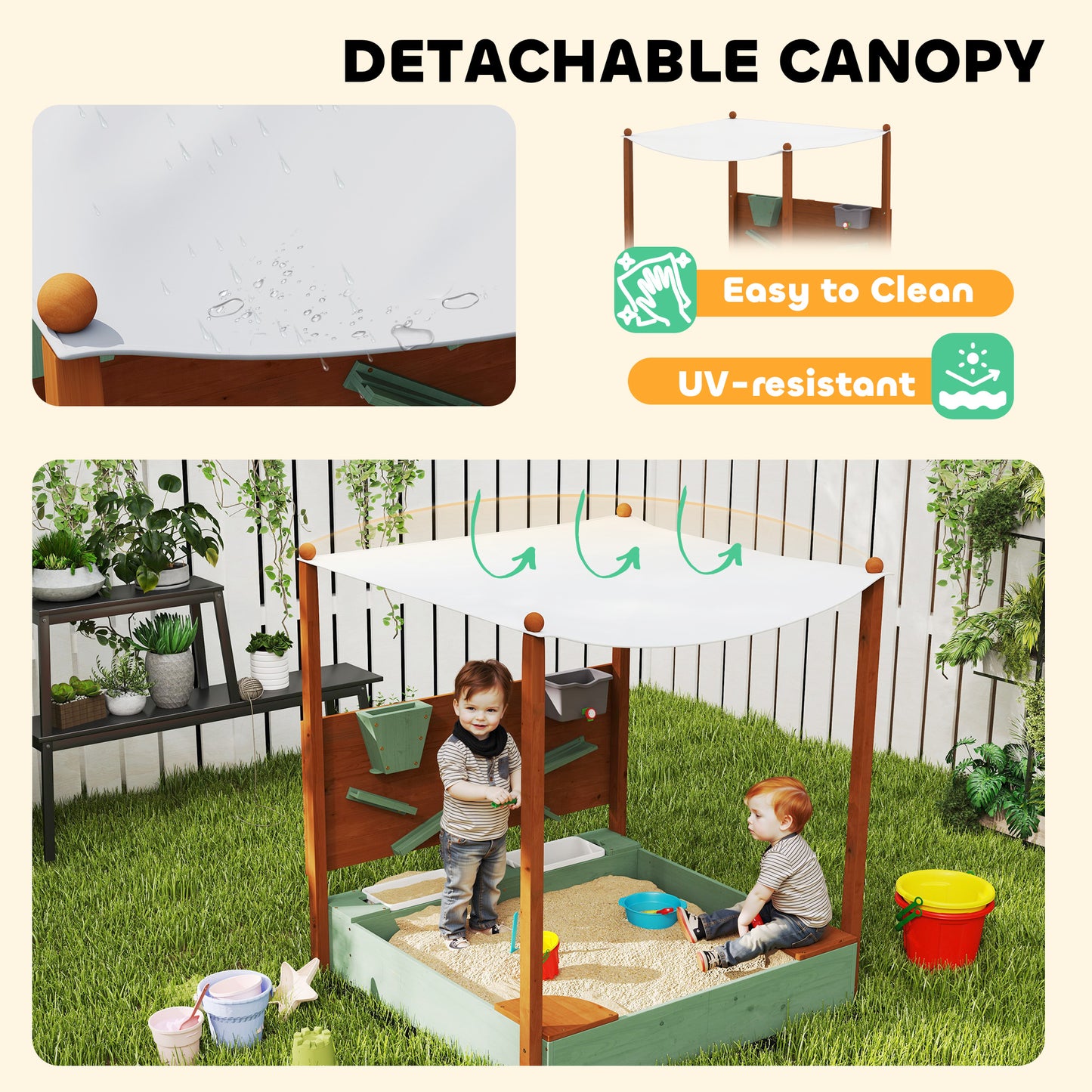 AIYAPLAY Wood Sandpit with Canopy, Storage Bins, Funnel, Liner, Chutes, Bucket with Tap, 116 x 112.5 x 128 cm, Green